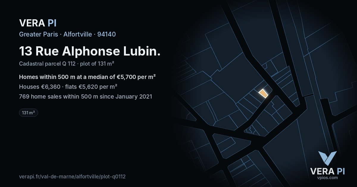 13 Rue Alphonse Lubin, Alfortville at night – the plot lit, the parcels around coloured by the prices near them