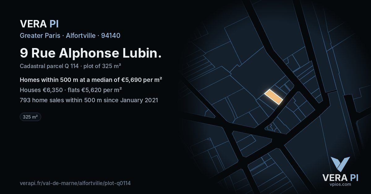 9 Rue Alphonse Lubin, Alfortville at night – the plot lit, the parcels around coloured by the prices near them