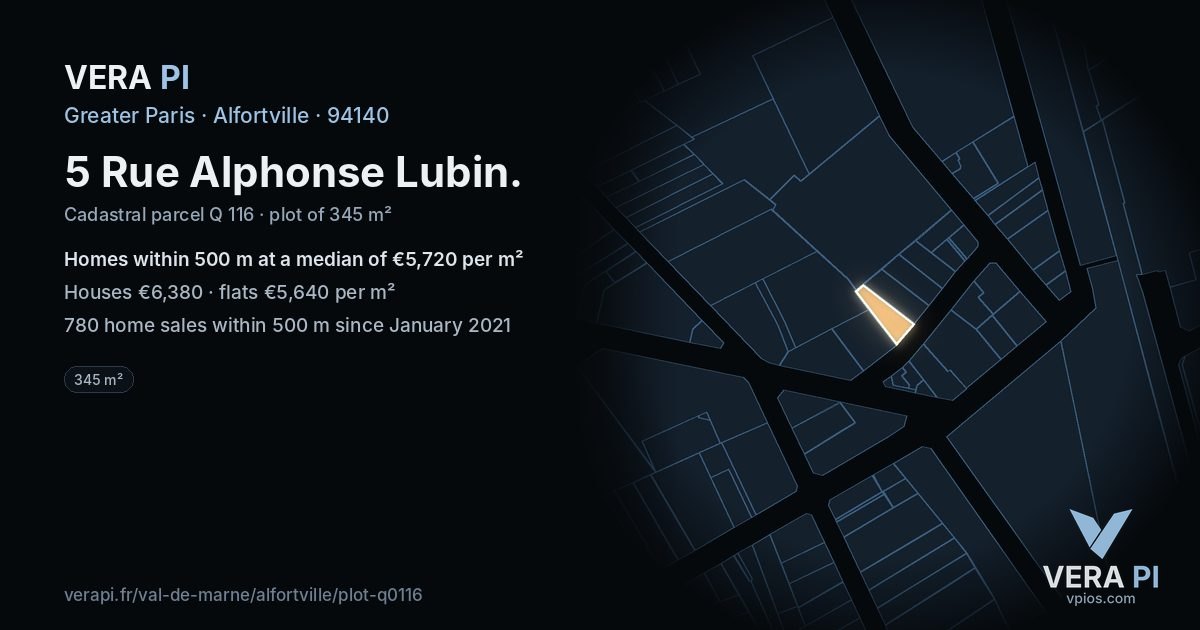 5 Rue Alphonse Lubin, Alfortville at night – the plot lit, the parcels around coloured by the prices near them