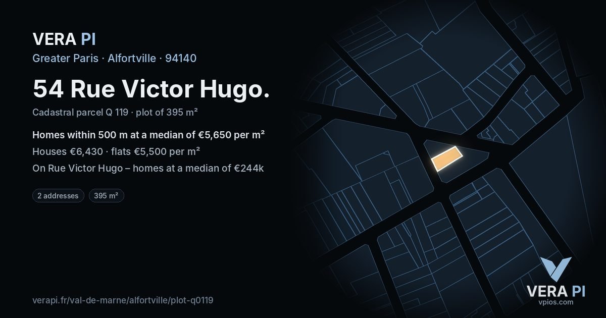 54 Rue Victor Hugo, Alfortville at night – the plot lit, the parcels around coloured by the prices near them
