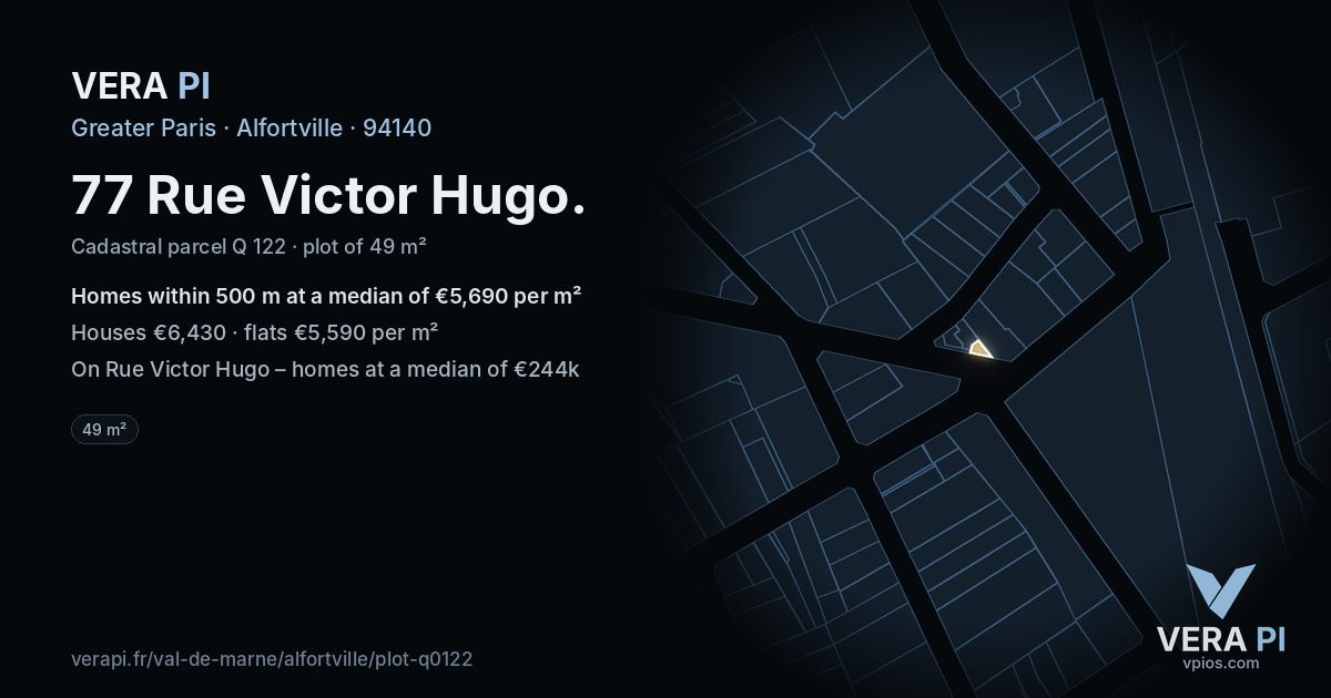 77 Rue Victor Hugo, Alfortville at night – the plot lit, the parcels around coloured by the prices near them