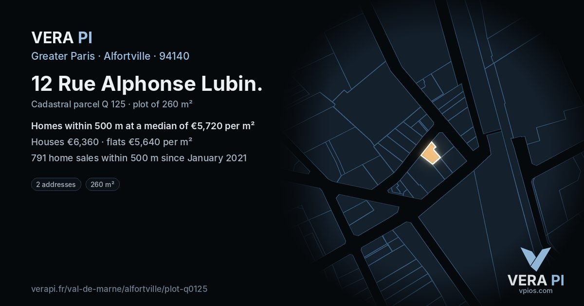 12 Rue Alphonse Lubin, Alfortville at night – the plot lit, the parcels around coloured by the prices near them