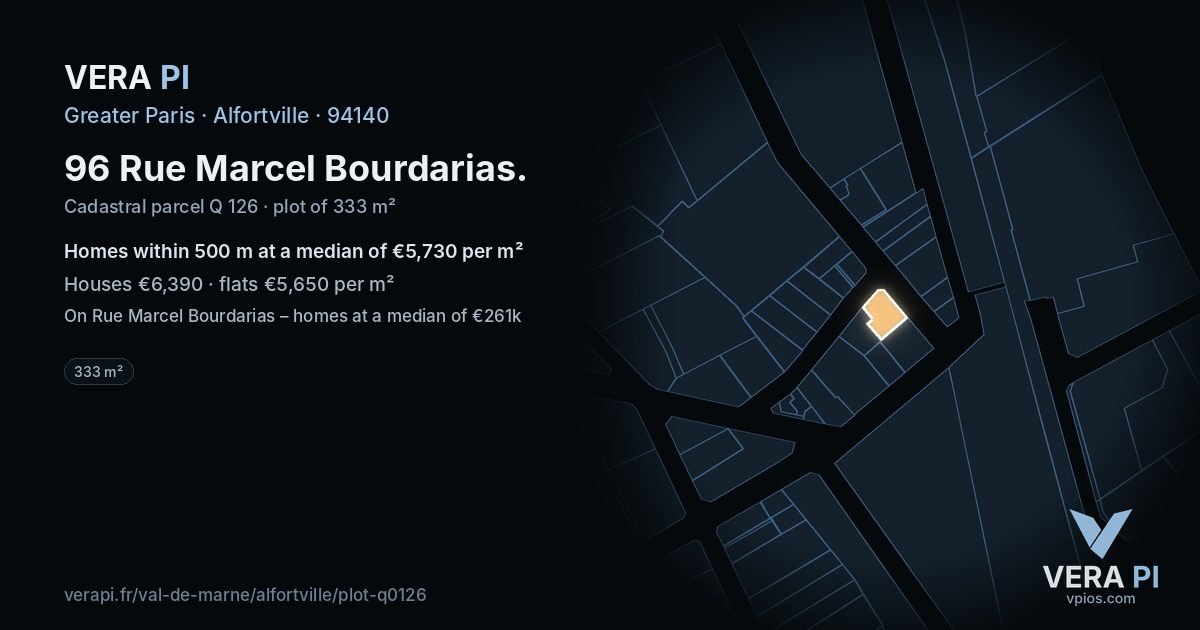 96 Rue Marcel Bourdarias, Alfortville at night – the plot lit, the parcels around coloured by the prices near them