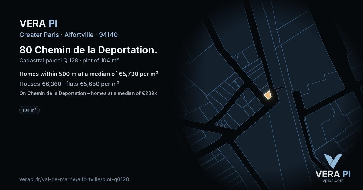 80 Chemin de la Deportation, Alfortville at night – the plot lit, the parcels around coloured by the prices near them