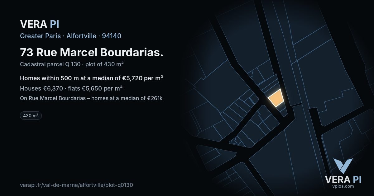 73 Rue Marcel Bourdarias, Alfortville at night – the plot lit, the parcels around coloured by the prices near them