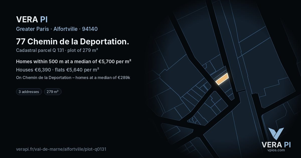 77 Chemin de la Deportation, Alfortville at night – the plot lit, the parcels around coloured by the prices near them