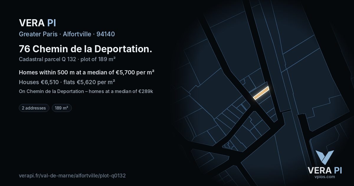 76 Chemin de la Deportation, Alfortville at night – the plot lit, the parcels around coloured by the prices near them
