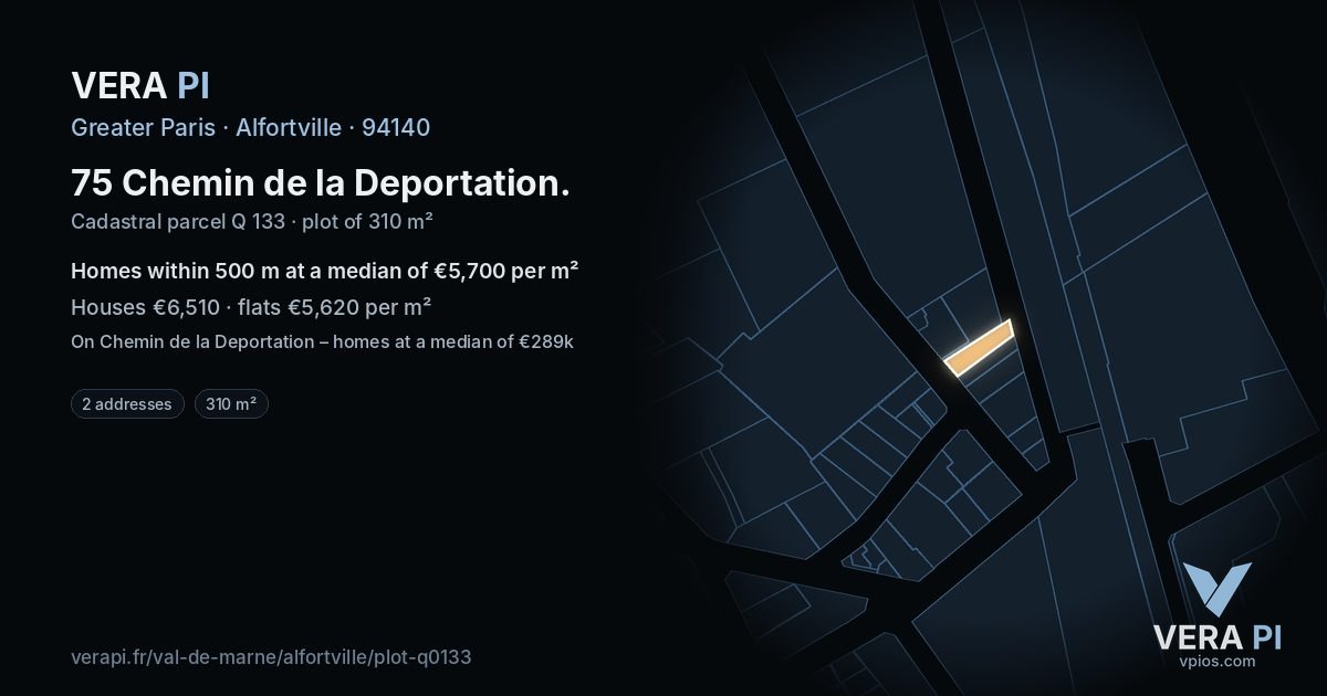 75 Chemin de la Deportation, Alfortville at night – the plot lit, the parcels around coloured by the prices near them