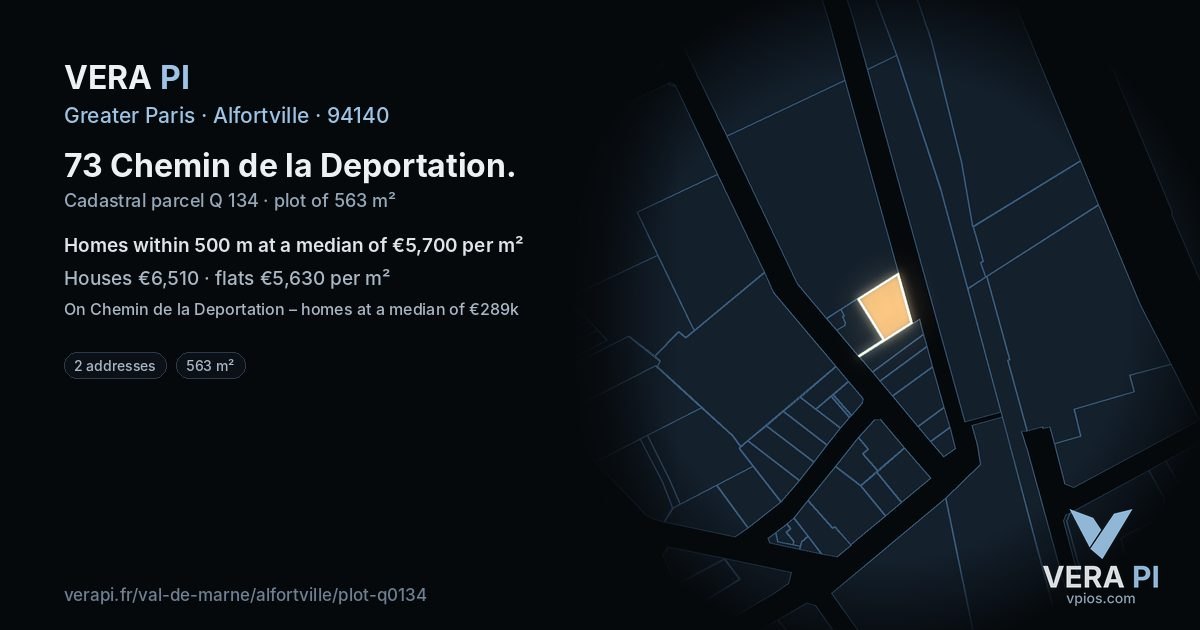 73 Chemin de la Deportation, Alfortville at night – the plot lit, the parcels around coloured by the prices near them