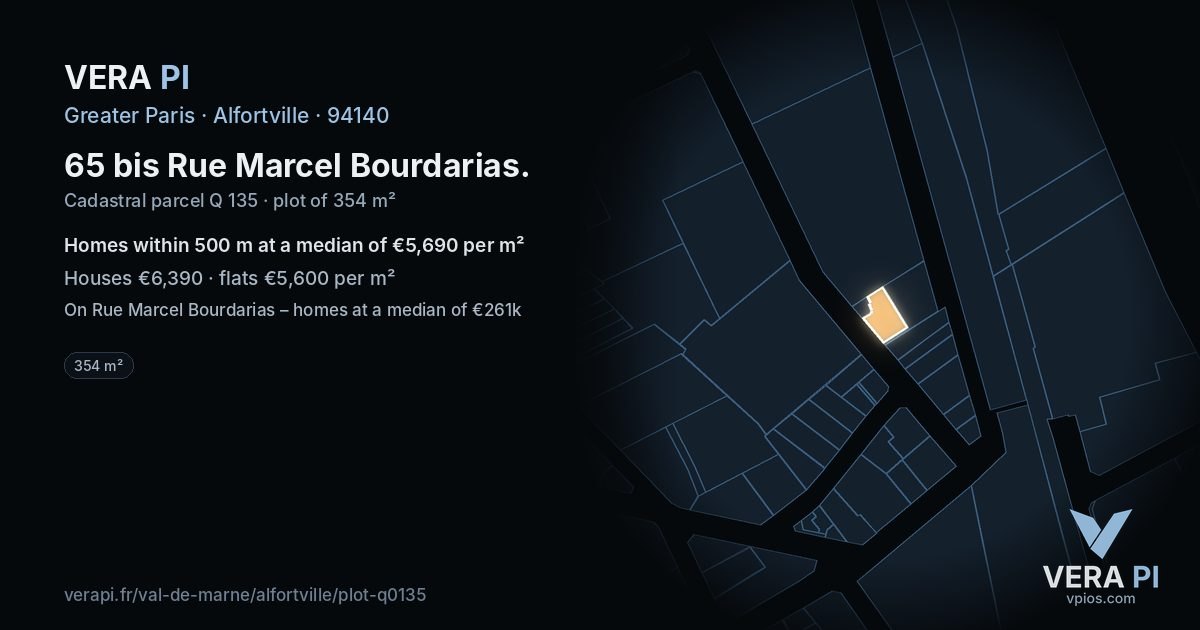 65 bis Rue Marcel Bourdarias, Alfortville at night – the plot lit, the parcels around coloured by the prices near them