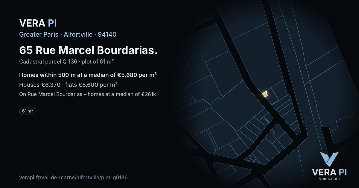 65 Rue Marcel Bourdarias, Alfortville at night – the plot lit, the parcels around coloured by the prices near them