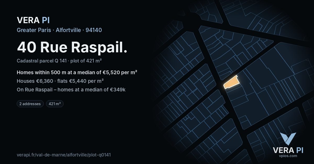 40 Rue Raspail, Alfortville at night – the plot lit, the parcels around coloured by the prices near them