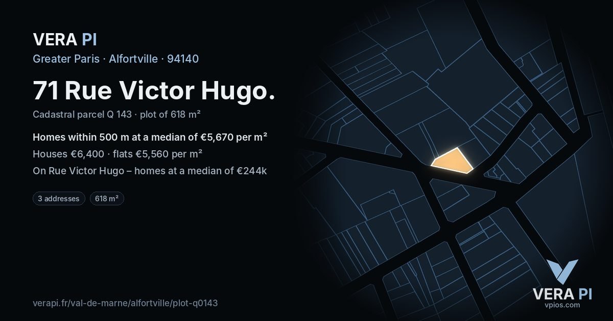 71 Rue Victor Hugo, Alfortville at night – the plot lit, the parcels around coloured by the prices near them