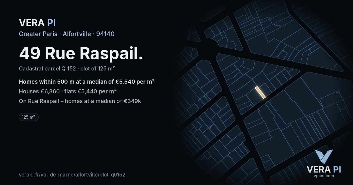 49 Rue Raspail, Alfortville at night – the plot lit, the parcels around coloured by the prices near them