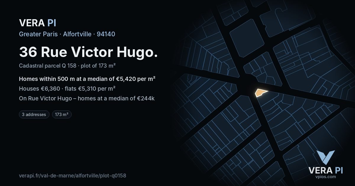 36 Rue Victor Hugo, Alfortville at night – the plot lit, the parcels around coloured by the prices near them