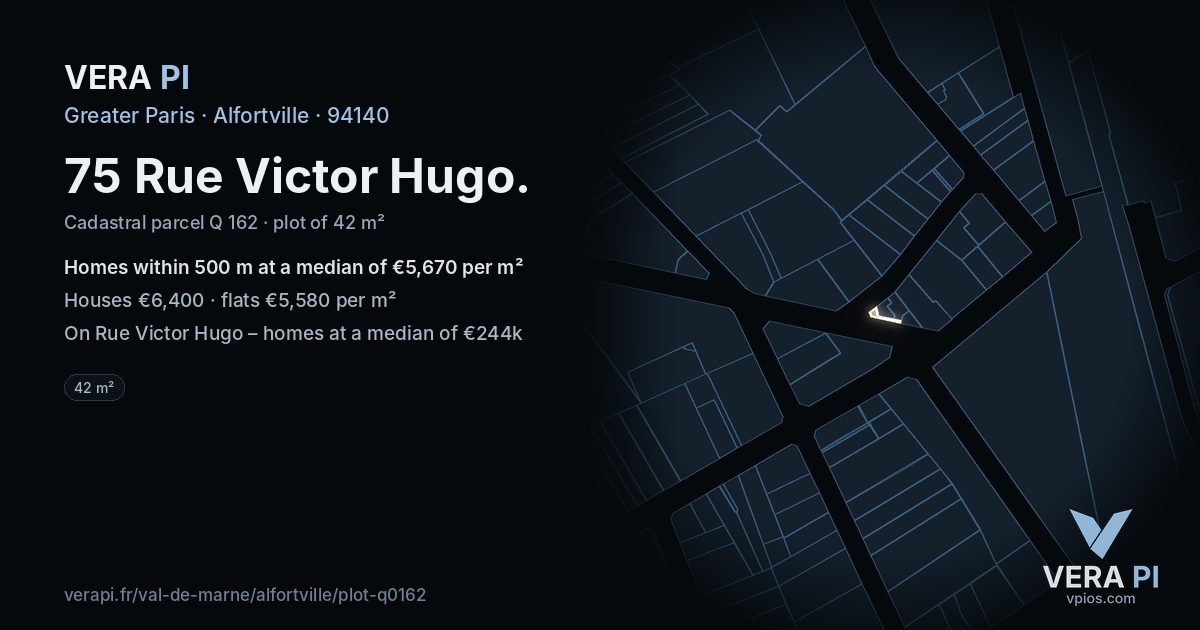 75 Rue Victor Hugo, Alfortville at night – the plot lit, the parcels around coloured by the prices near them