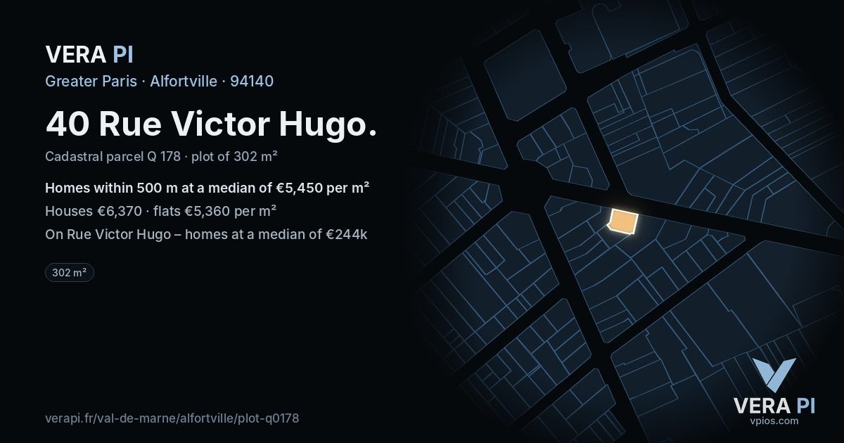 40 Rue Victor Hugo, Alfortville at night – the plot lit, the parcels around coloured by the prices near them