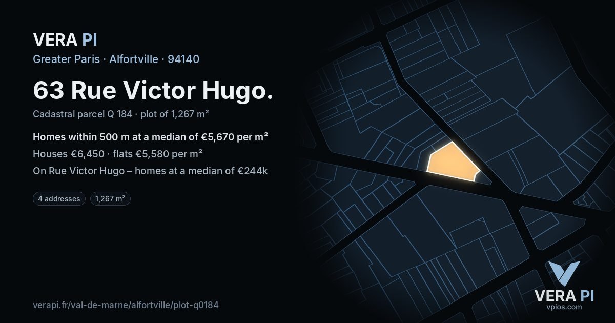 63 Rue Victor Hugo, Alfortville at night – the plot lit, the parcels around coloured by the prices near them