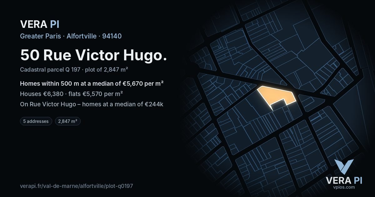 50 Rue Victor Hugo, Alfortville at night – the plot lit, the parcels around coloured by the prices near them