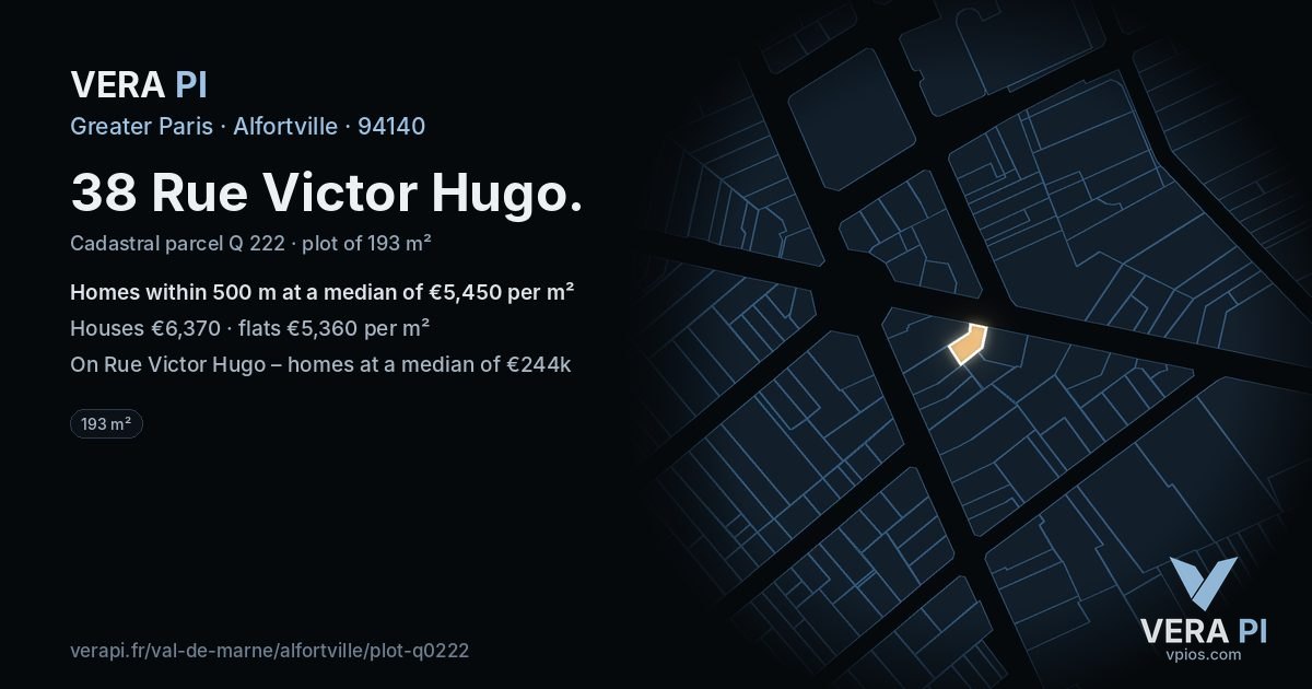 38 Rue Victor Hugo, Alfortville at night – the plot lit, the parcels around coloured by the prices near them