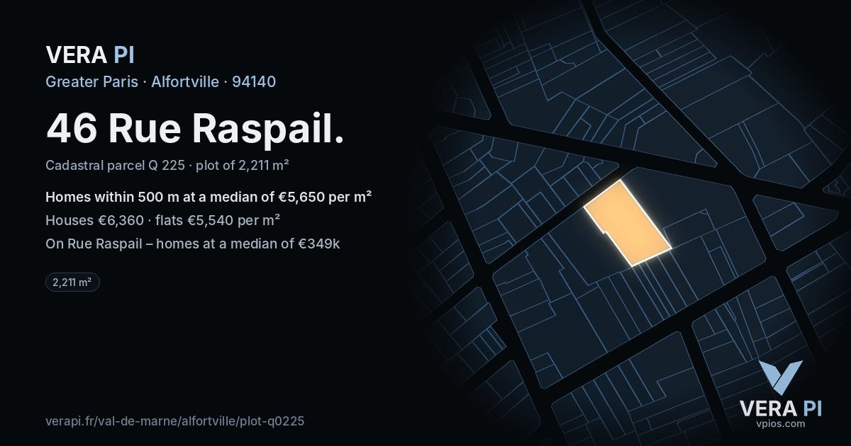 46 Rue Raspail, Alfortville at night – the plot lit, the parcels around coloured by the prices near them