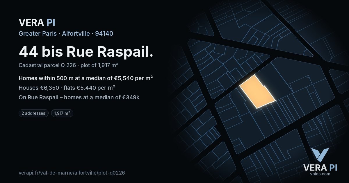 44 bis Rue Raspail, Alfortville at night – the plot lit, the parcels around coloured by the prices near them