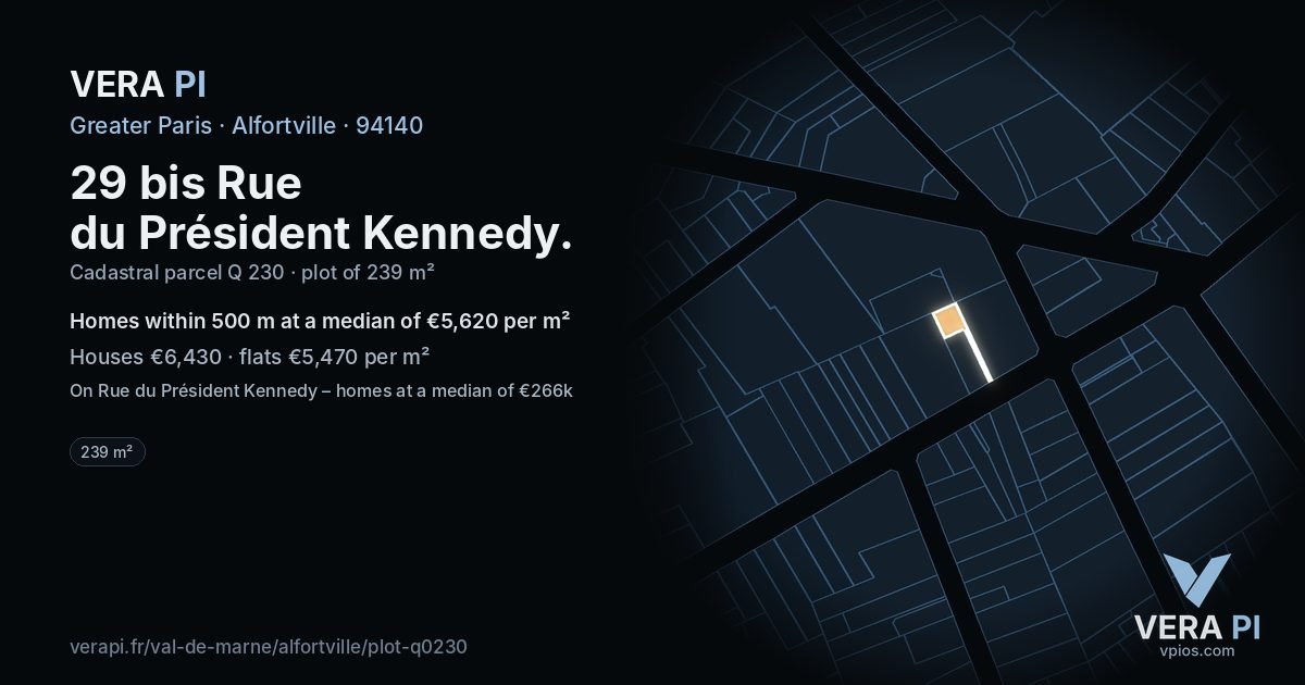 29 bis Rue du Président Kennedy, Alfortville at night – the plot lit, the parcels around coloured by the prices near them
