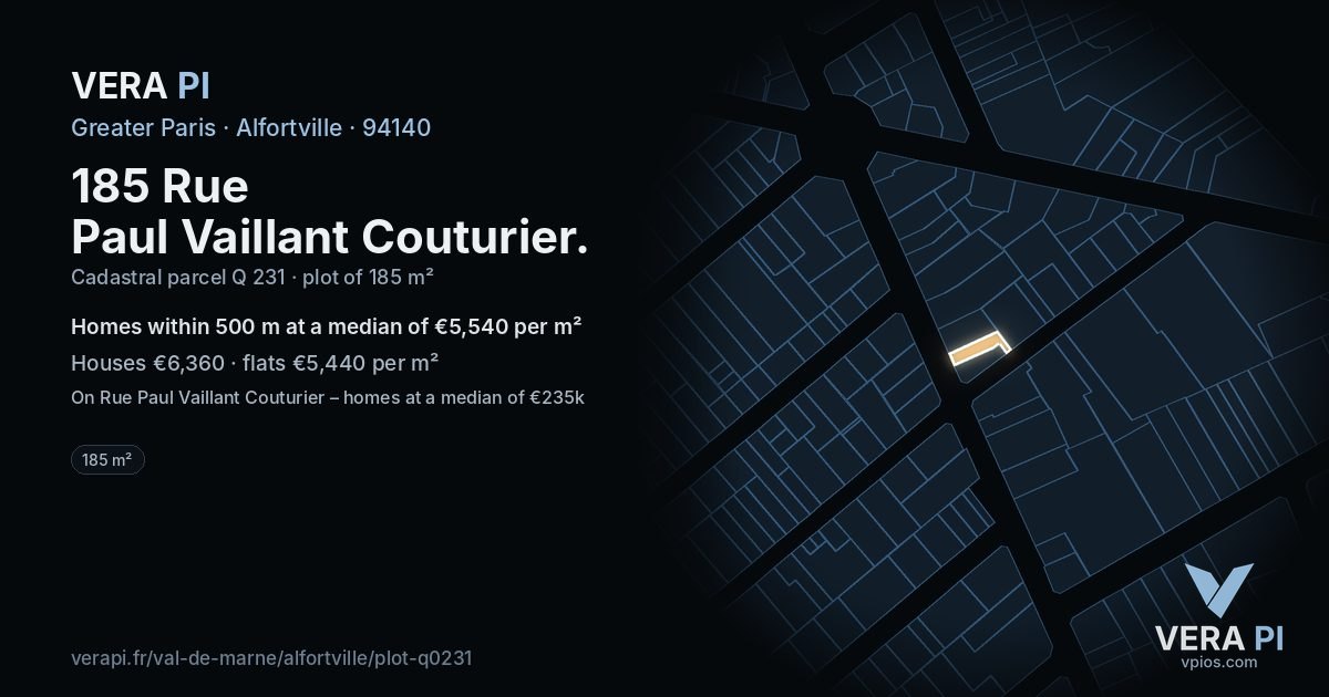 185 Rue Paul Vaillant Couturier, Alfortville at night – the plot lit, the parcels around coloured by the prices near them