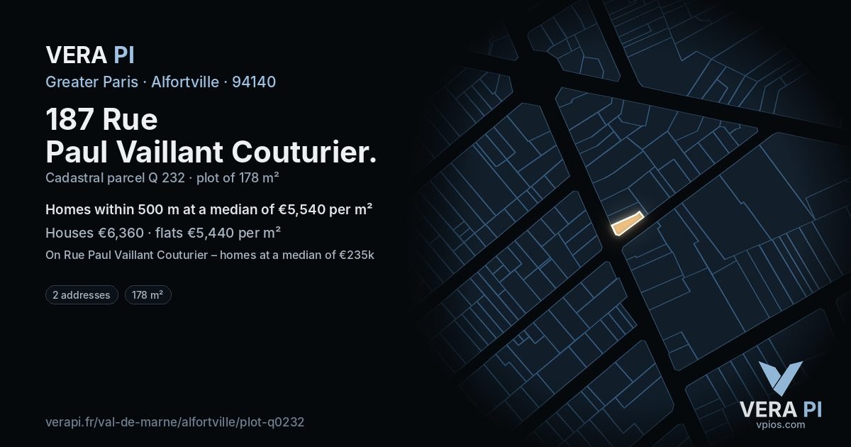 187 Rue Paul Vaillant Couturier, Alfortville at night – the plot lit, the parcels around coloured by the prices near them