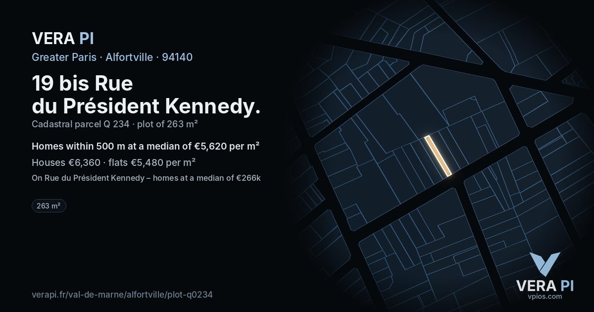 19 bis Rue du Président Kennedy, Alfortville at night – the plot lit, the parcels around coloured by the prices near them
