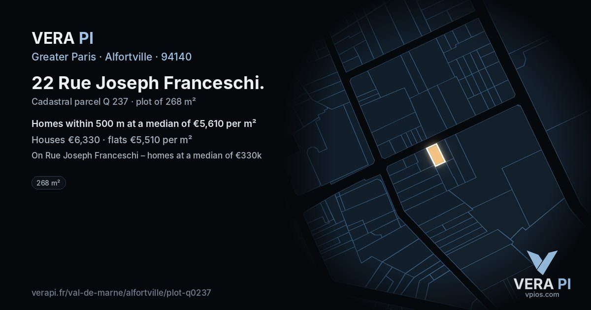 22 Rue Joseph Franceschi, Alfortville at night – the plot lit, the parcels around coloured by the prices near them