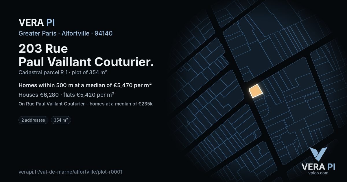 203 Rue Paul Vaillant Couturier, Alfortville at night – the plot lit, the parcels around coloured by the prices near them