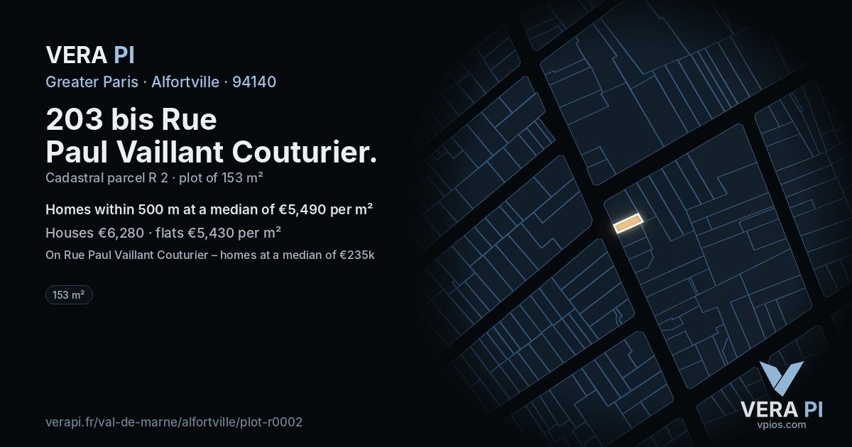 203 bis Rue Paul Vaillant Couturier, Alfortville at night – the plot lit, the parcels around coloured by the prices near them