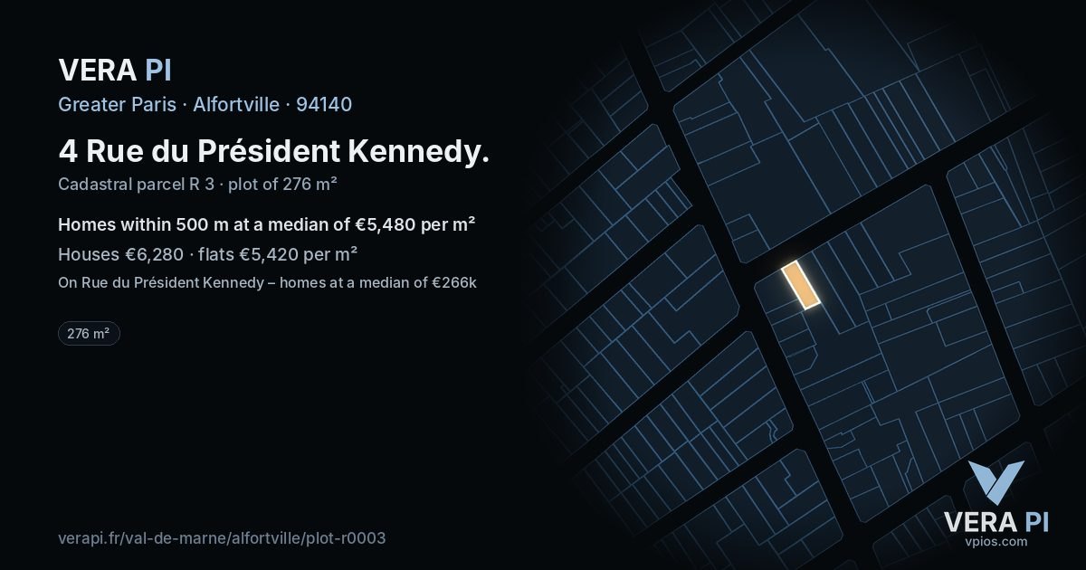 4 Rue du Président Kennedy, Alfortville at night – the plot lit, the parcels around coloured by the prices near them