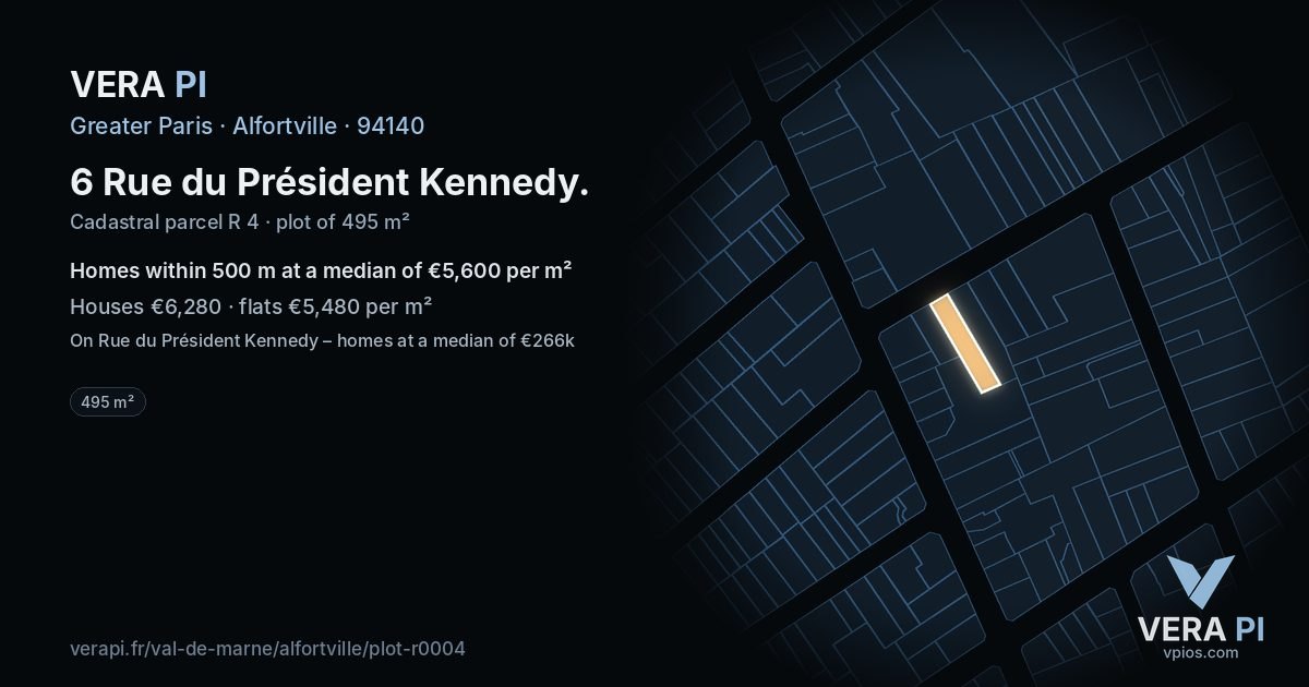 6 Rue du Président Kennedy, Alfortville at night – the plot lit, the parcels around coloured by the prices near them
