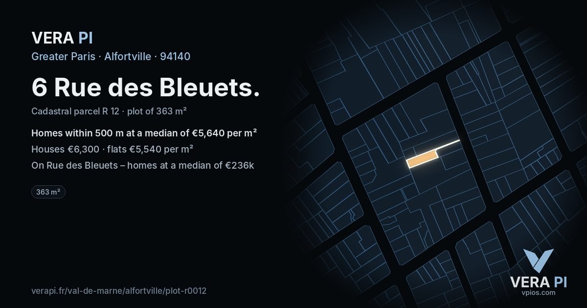 6 Rue des Bleuets, Alfortville at night – the plot lit, the parcels around coloured by the prices near them