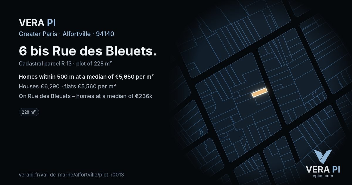6 bis Rue des Bleuets, Alfortville at night – the plot lit, the parcels around coloured by the prices near them