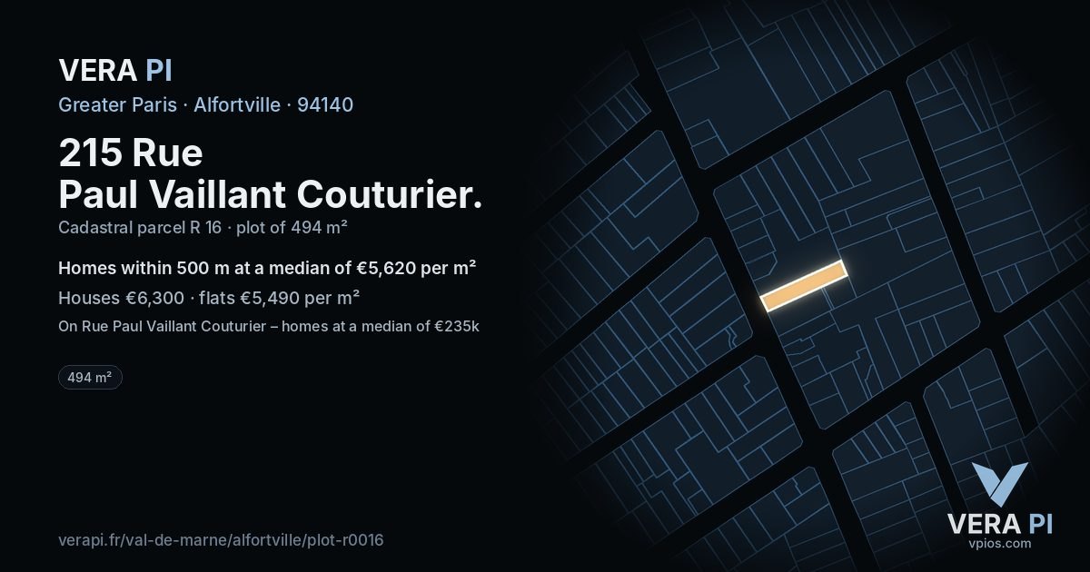 215 Rue Paul Vaillant Couturier, Alfortville at night – the plot lit, the parcels around coloured by the prices near them