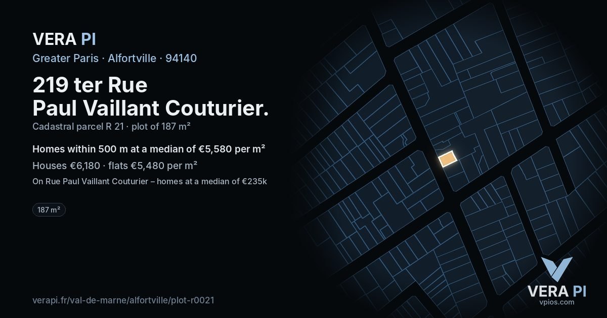 219 ter Rue Paul Vaillant Couturier, Alfortville at night – the plot lit, the parcels around coloured by the prices near them