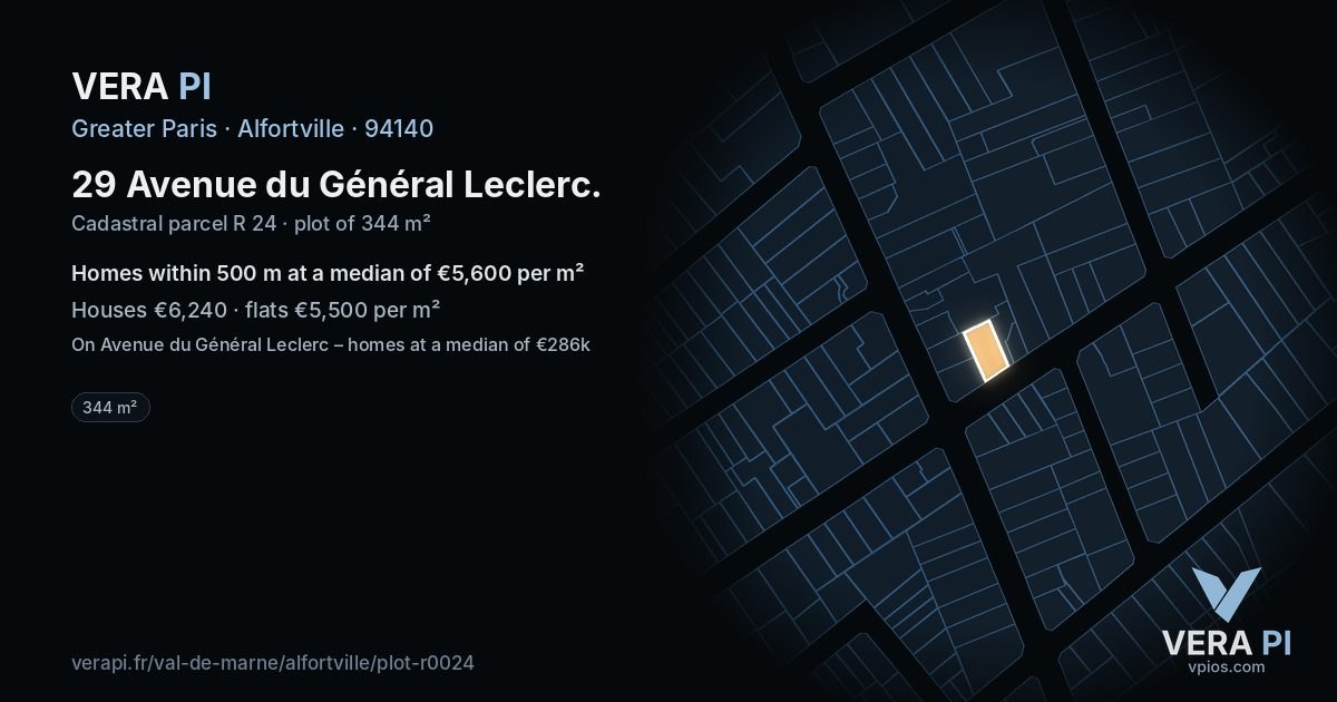 29 Avenue du Général Leclerc, Alfortville at night – the plot lit, the parcels around coloured by the prices near them