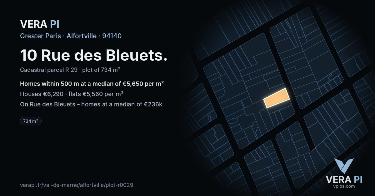 10 Rue des Bleuets, Alfortville at night – the plot lit, the parcels around coloured by the prices near them