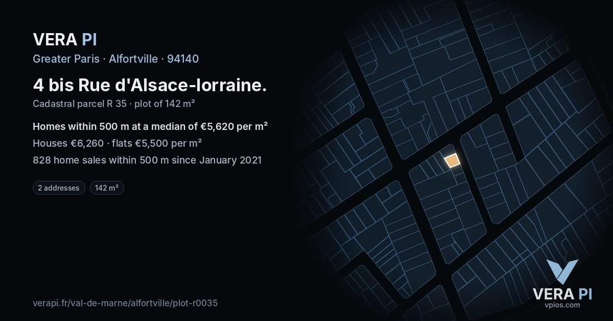 4 bis Rue d'Alsace-lorraine, Alfortville at night – the plot lit, the parcels around coloured by the prices near them