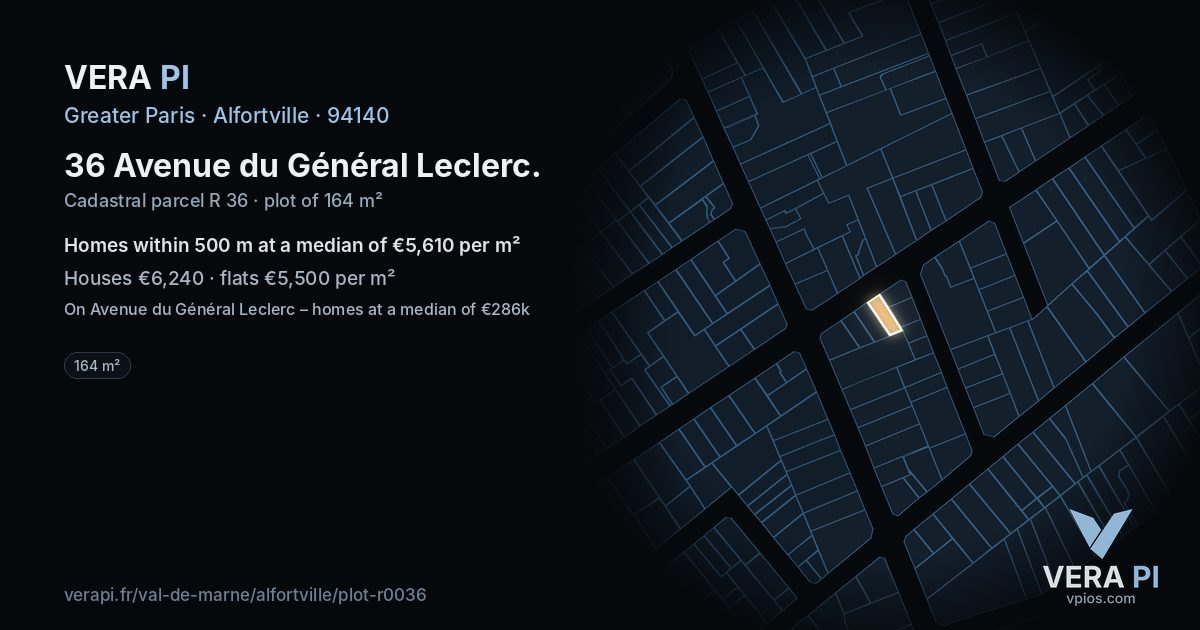 36 Avenue du Général Leclerc, Alfortville at night – the plot lit, the parcels around coloured by the prices near them