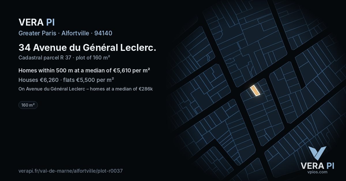 34 Avenue du Général Leclerc, Alfortville at night – the plot lit, the parcels around coloured by the prices near them
