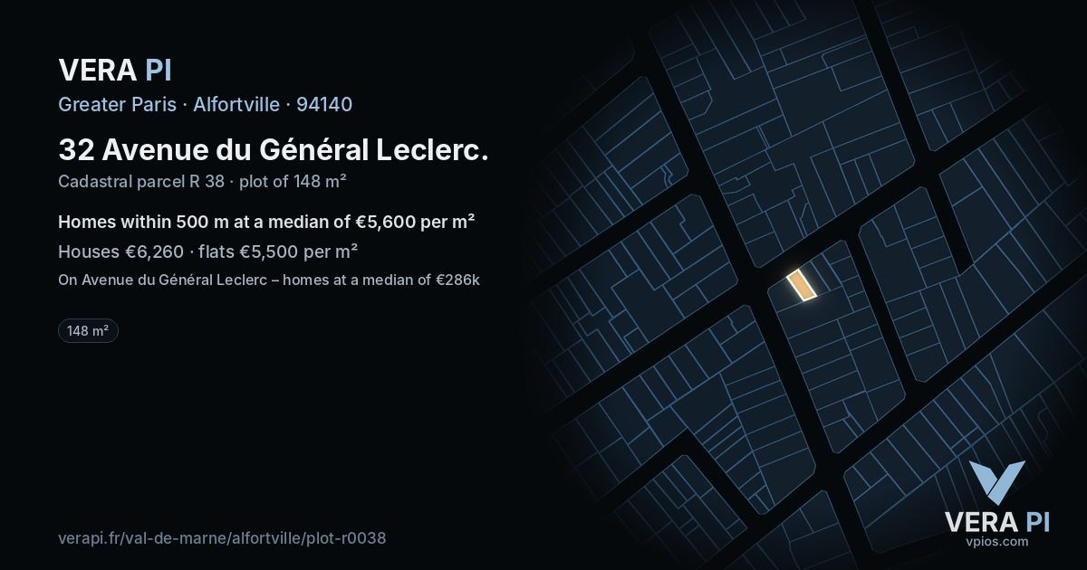 32 Avenue du Général Leclerc, Alfortville at night – the plot lit, the parcels around coloured by the prices near them