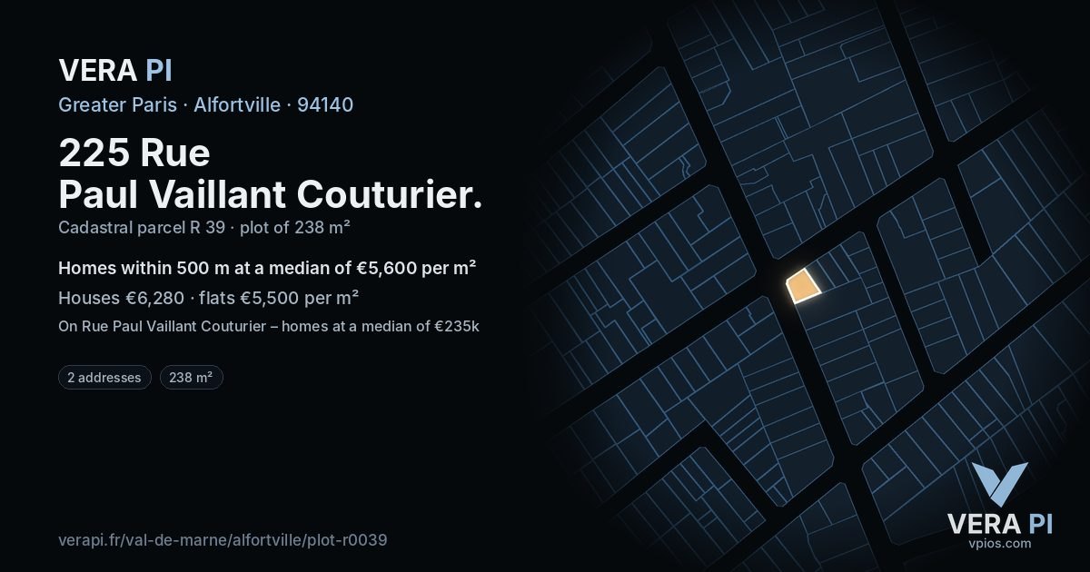 225 Rue Paul Vaillant Couturier, Alfortville at night – the plot lit, the parcels around coloured by the prices near them