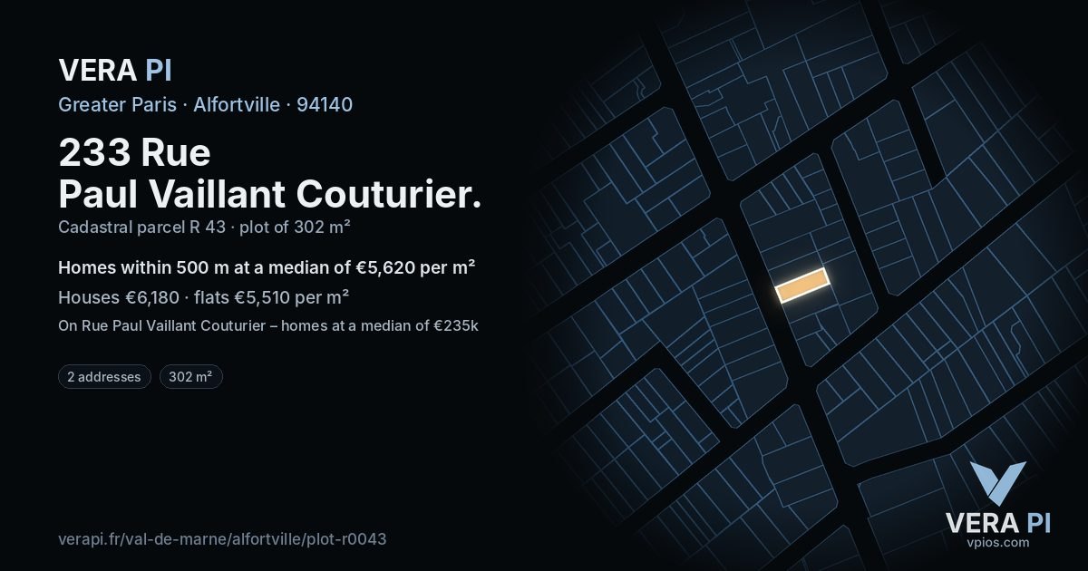 233 Rue Paul Vaillant Couturier, Alfortville at night – the plot lit, the parcels around coloured by the prices near them