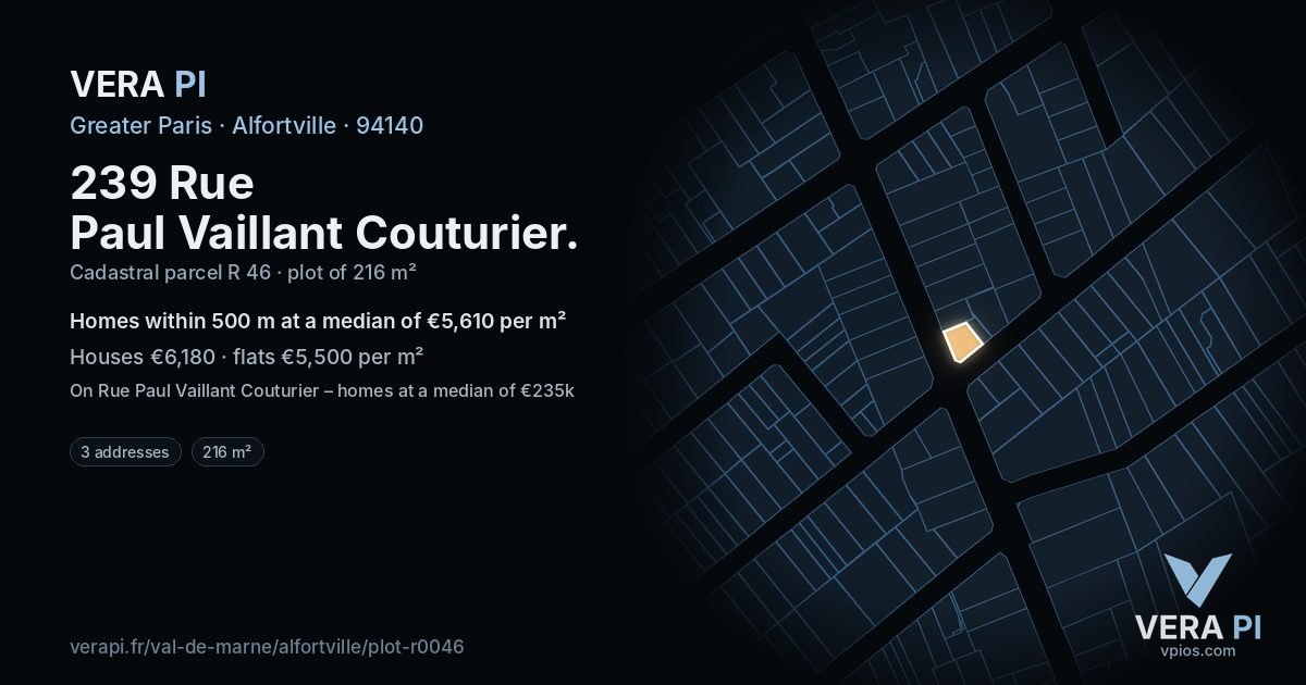 239 Rue Paul Vaillant Couturier, Alfortville at night – the plot lit, the parcels around coloured by the prices near them
