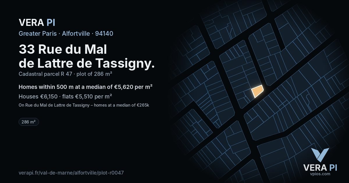 33 Rue du Mal de Lattre de Tassigny, Alfortville at night – the plot lit, the parcels around coloured by the prices near them