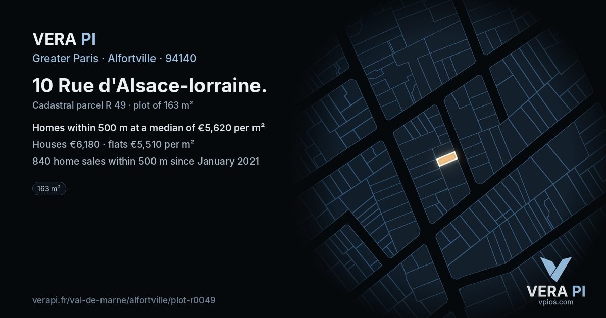 10 Rue d'Alsace-lorraine, Alfortville at night – the plot lit, the parcels around coloured by the prices near them